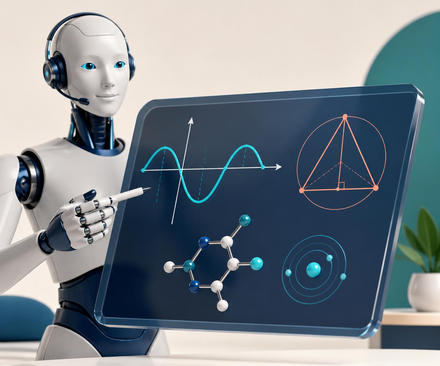 Professeur virtuel bienveillant présentant une ardoise numérique avec une courbe sinusoïdale, une construction géométrique et un schéma scientifique